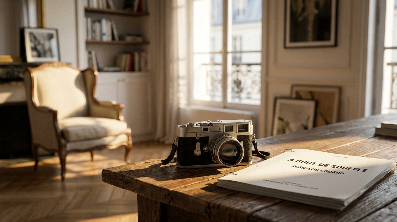 Script de cinéma et caméra vintage dans un appartement parisien