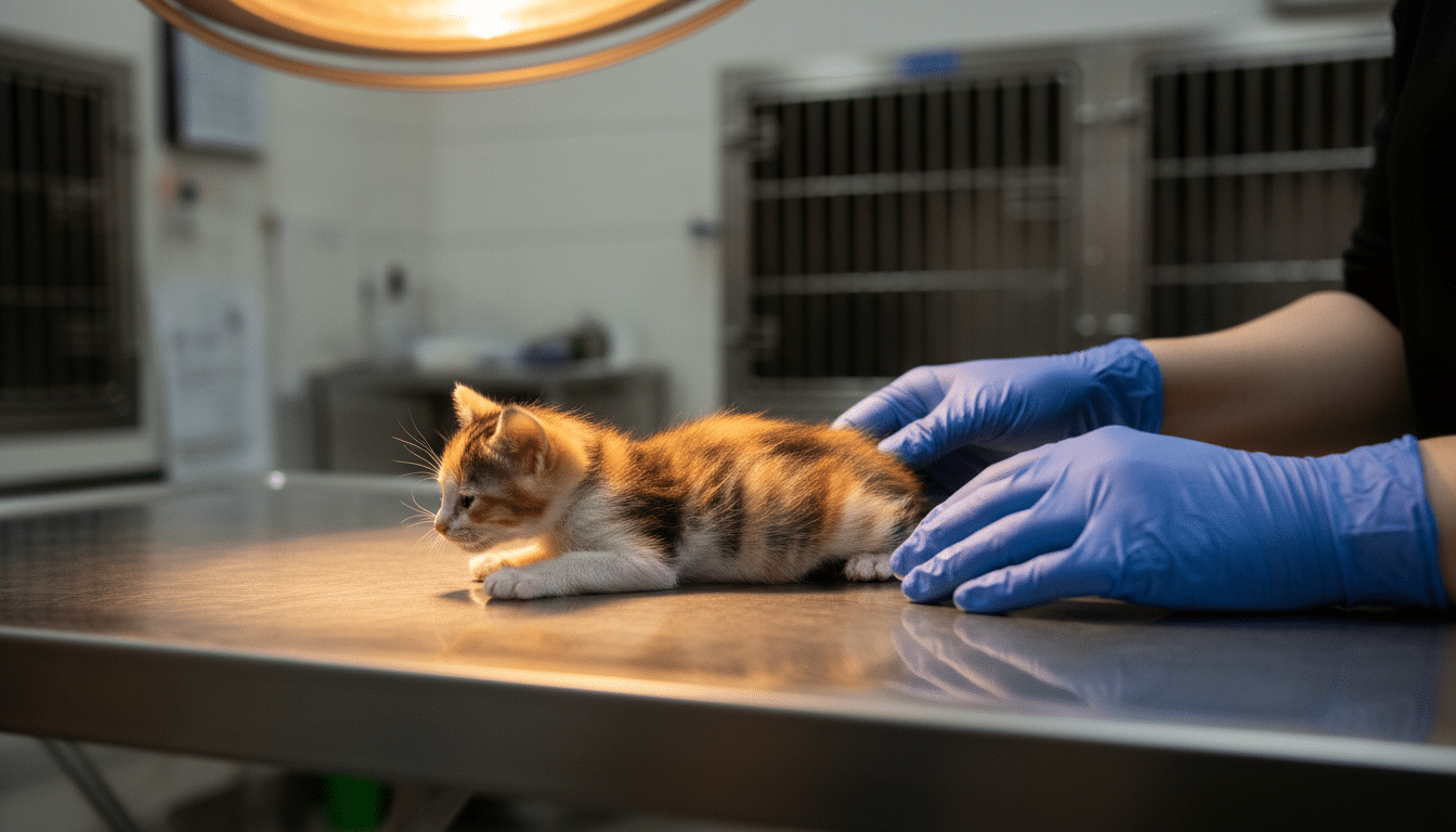 Chaton gonflé examiné par un vétérinaire au refuge