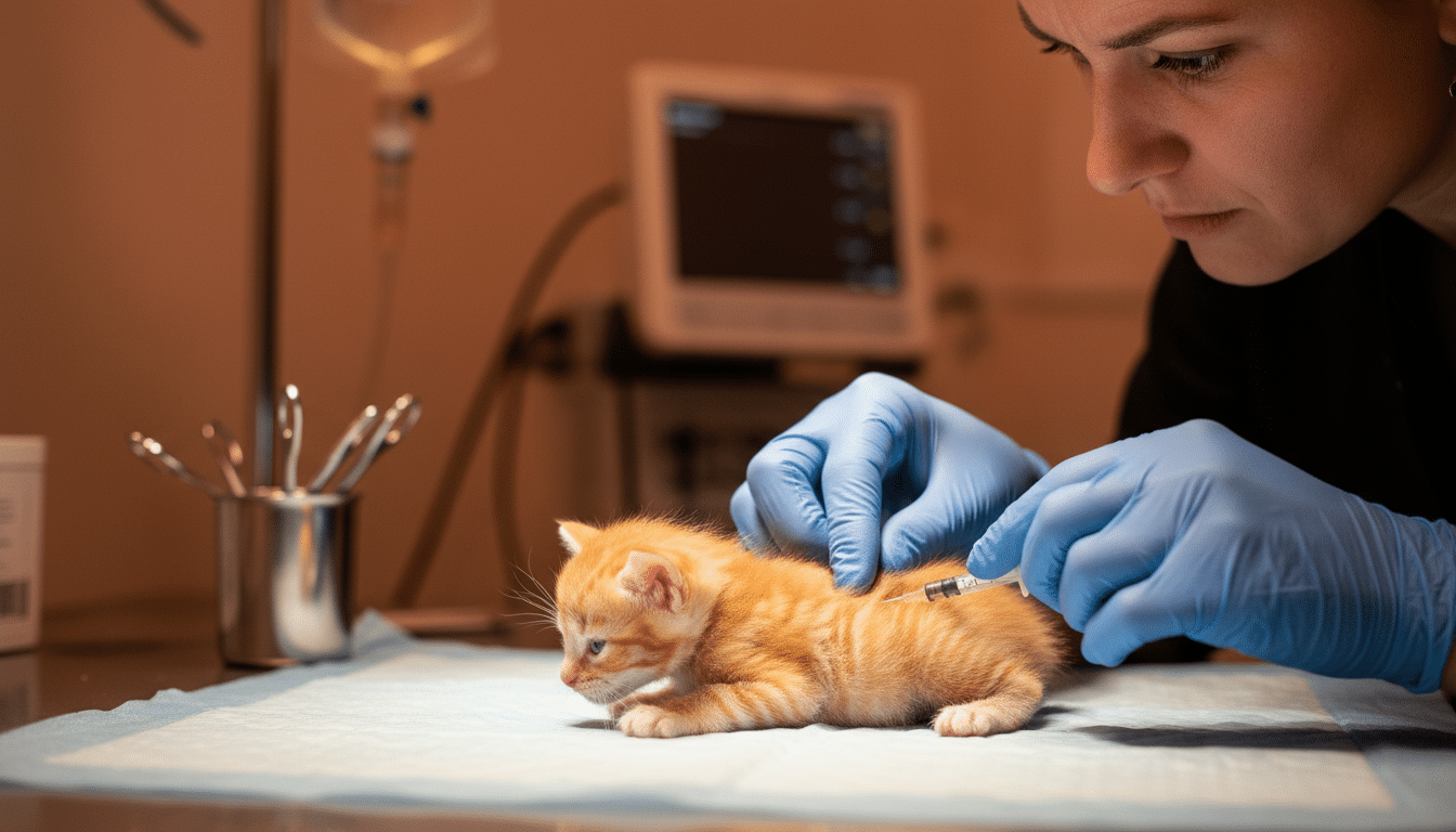 Vétérinaire extrayant l'air sous la peau du chaton Zoe