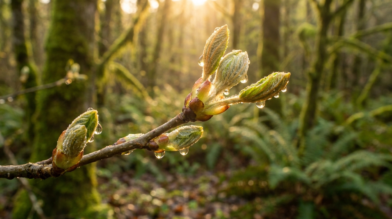 Bourgeons printaniers couverts de sève sucrée en forêt
