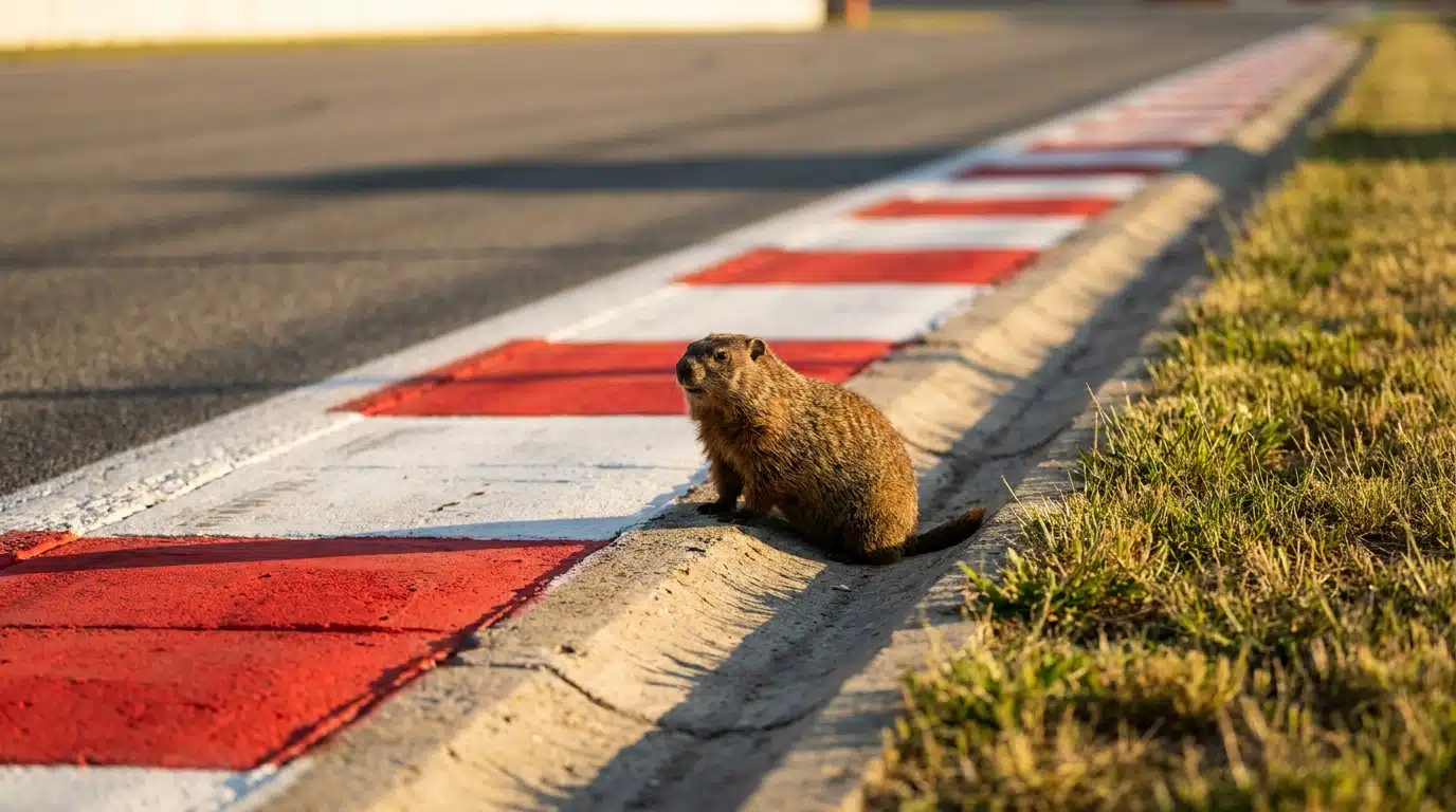 Marmotte assise au bord d'une piste de Formule 1