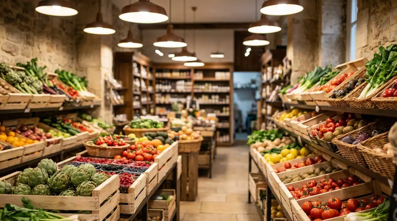 Rayon fruits et légumes colorés dans un magasin de produits frais