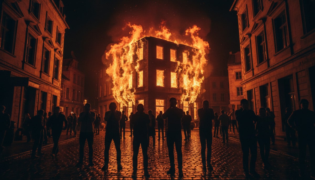 Grand incendie ravageant une ville européenne au XIXe siècle