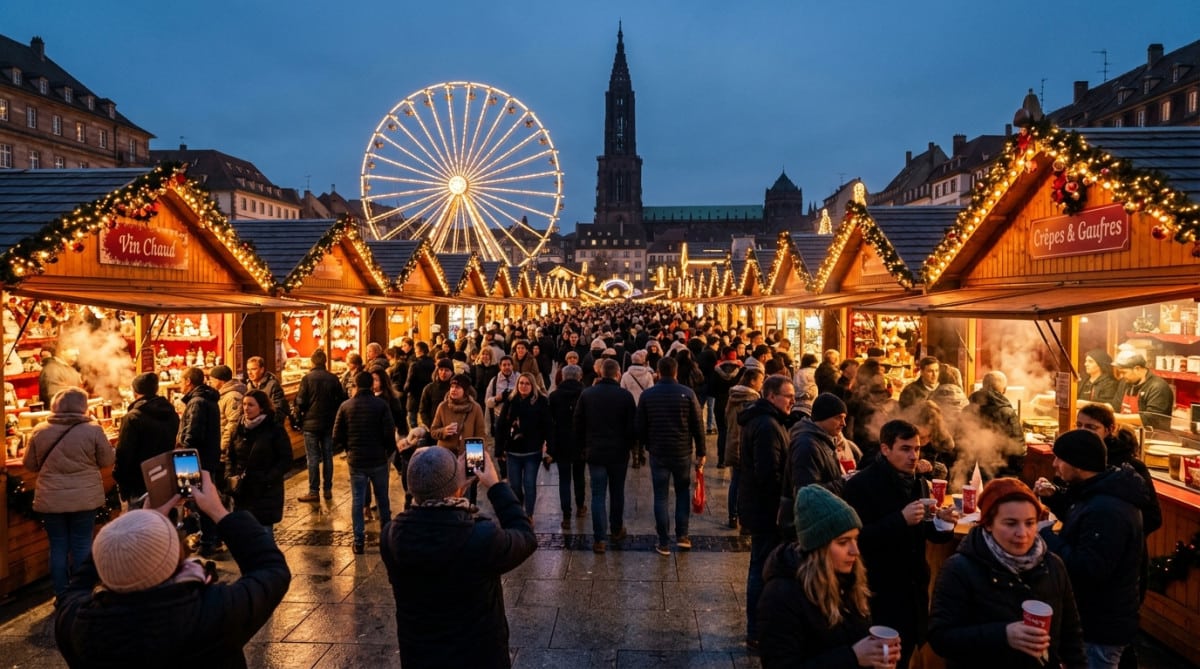 Grand marché de Noël moderne avec chalets alignés et foule de touristes