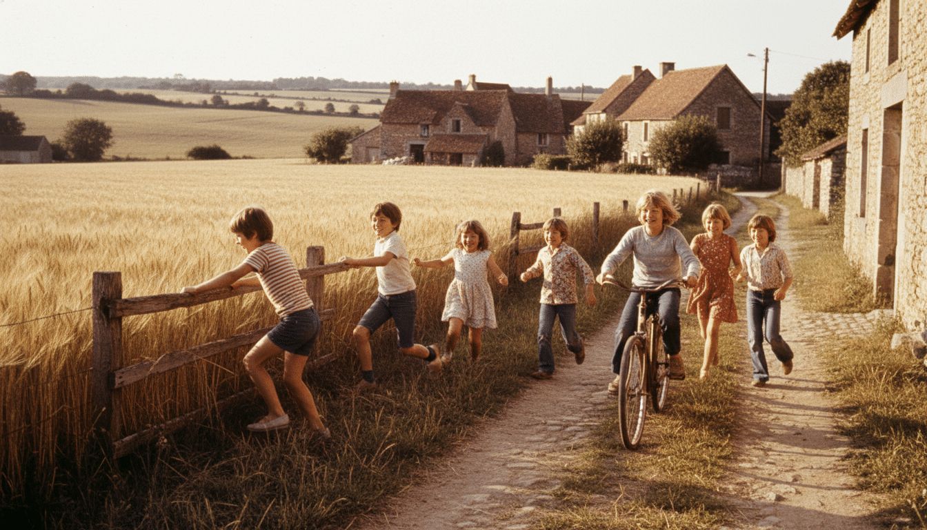 Enfants jouant librement dans la campagne française des années 70