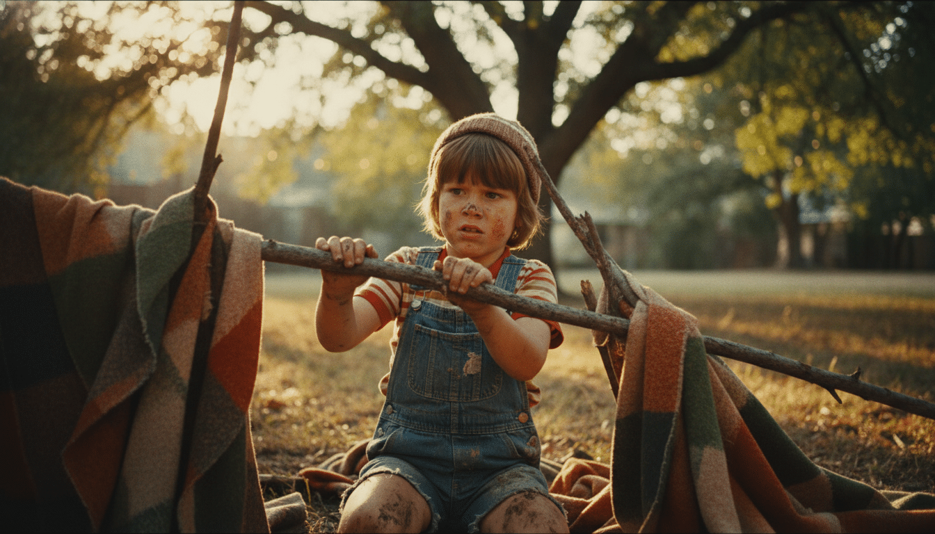 Enfant construisant une cabane avec des bâtons dans les années 70
