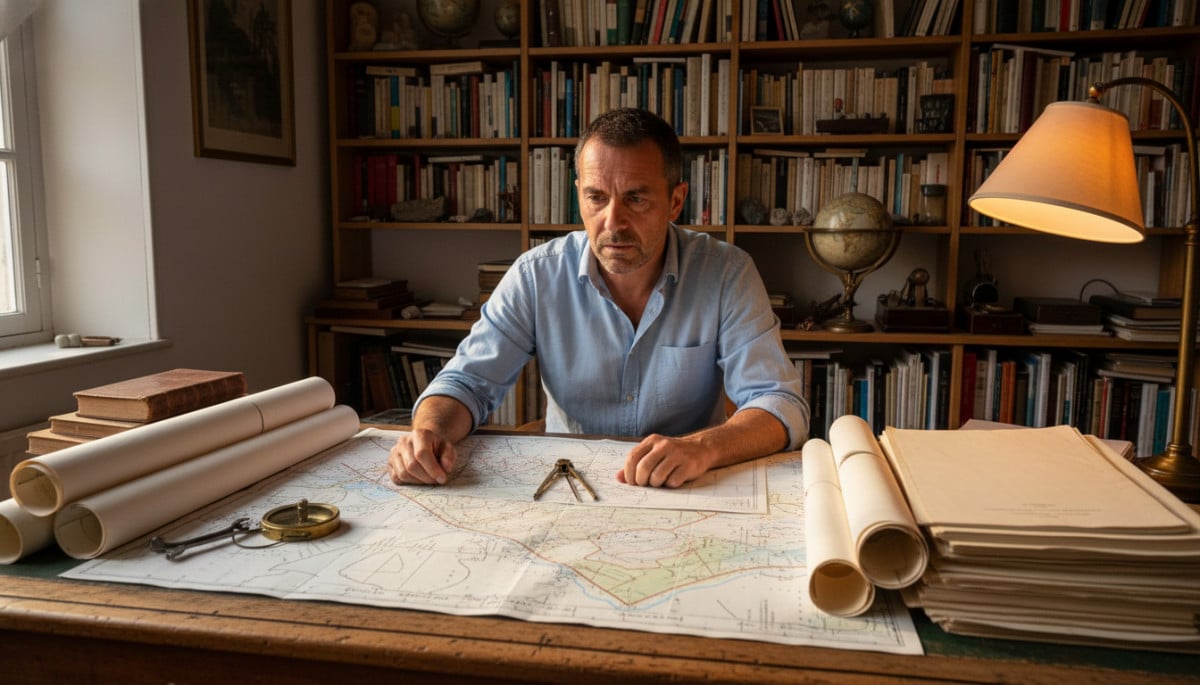Grégoire géomètre-expert à son bureau avec des cartes