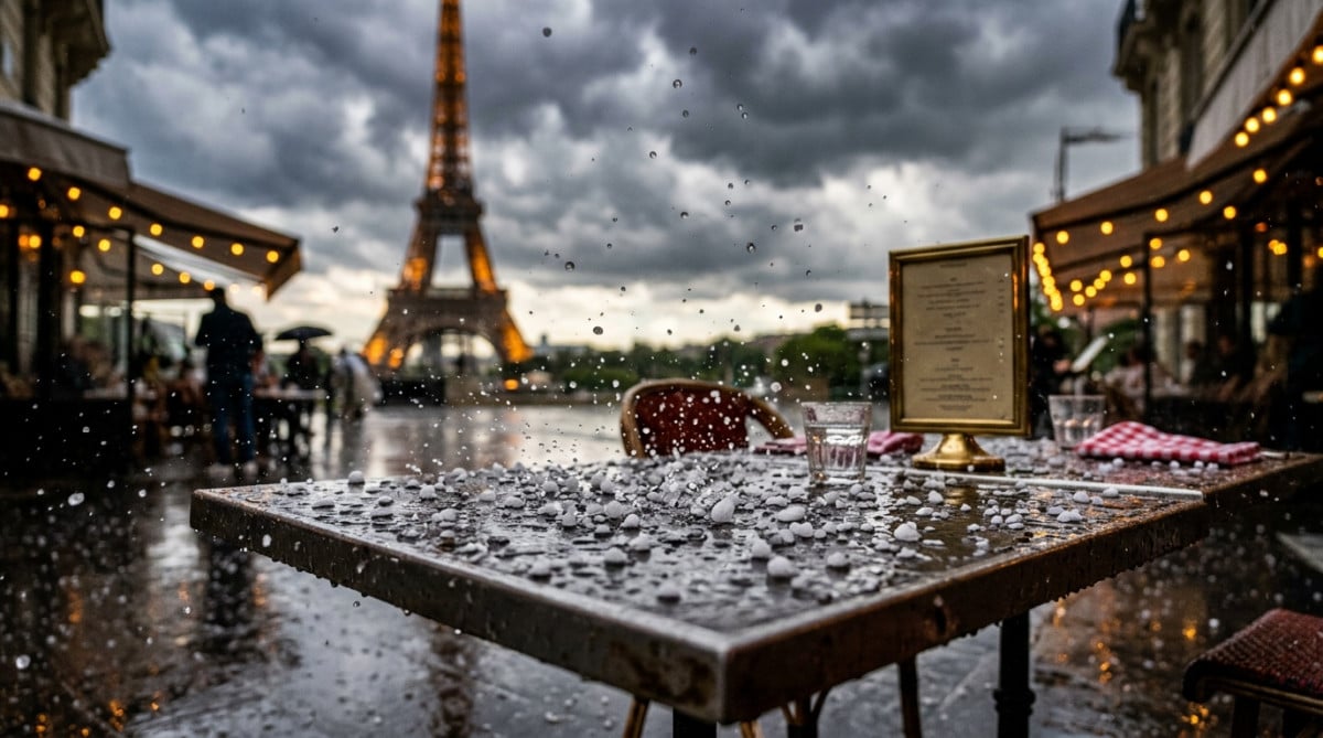 Grêlons sur une terrasse parisienne sous un ciel orageux