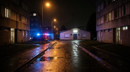 Rue sombre d'un quartier résidentiel avec gyrophares policiers