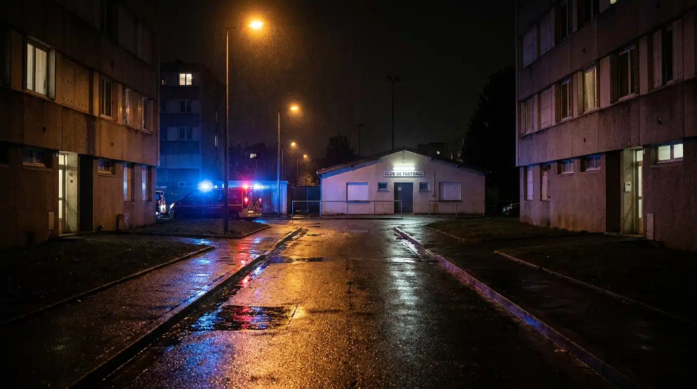 Rue sombre d'un quartier résidentiel avec gyrophares policiers