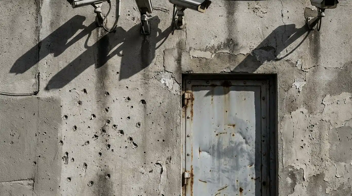 Mur en béton marqué d'impacts près d'une porte métallique