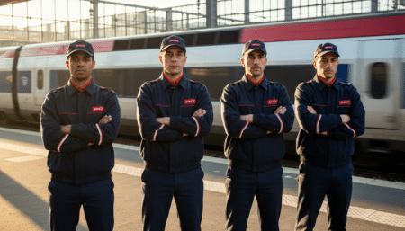Cheminots SNCF déterminés sur un quai de gare