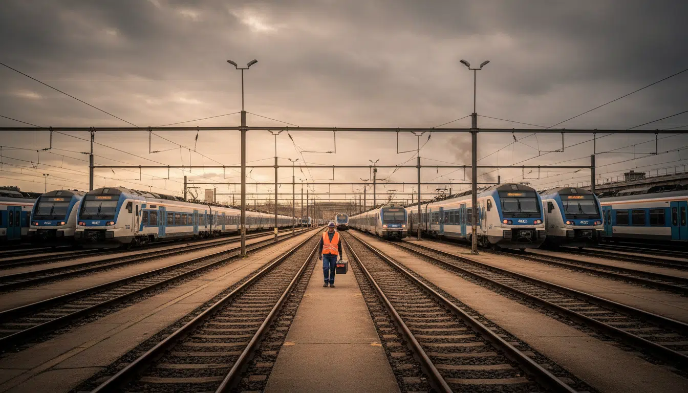 Dépôt ferroviaire SNCF avec trains à l'arrêt