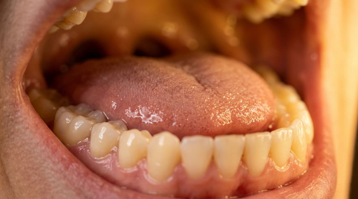 Gros plan bouche ouverte montrant la salive sur la langue