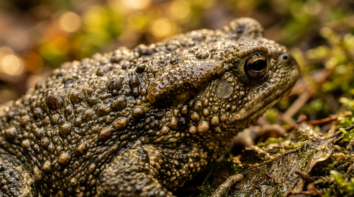 Gros plan sur la peau bosselée d'un crapaud commun montrant ses glandes