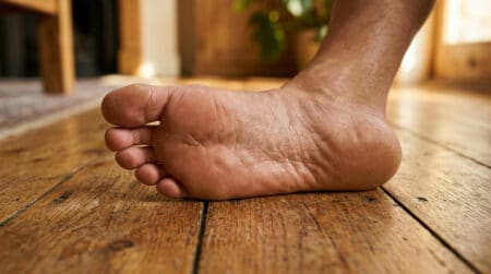 Gros plan sur la plante d'un pied humain avec des gouttelettes de sueur