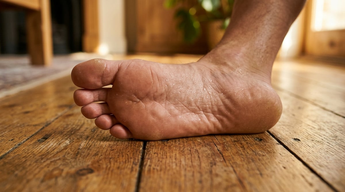 Gros plan sur la plante d'un pied humain avec des gouttelettes de sueur
