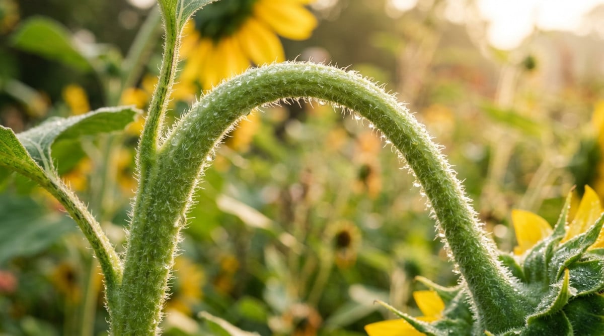 Gros plan sur la tige asymétrique d'un jeune tournesol en croissance