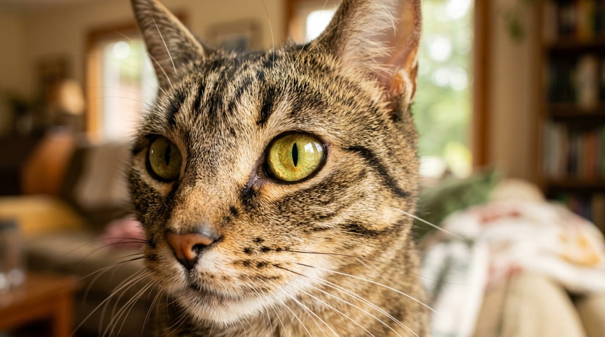Gros plan sur les pupilles verticales d'un chat en pleine lumière
