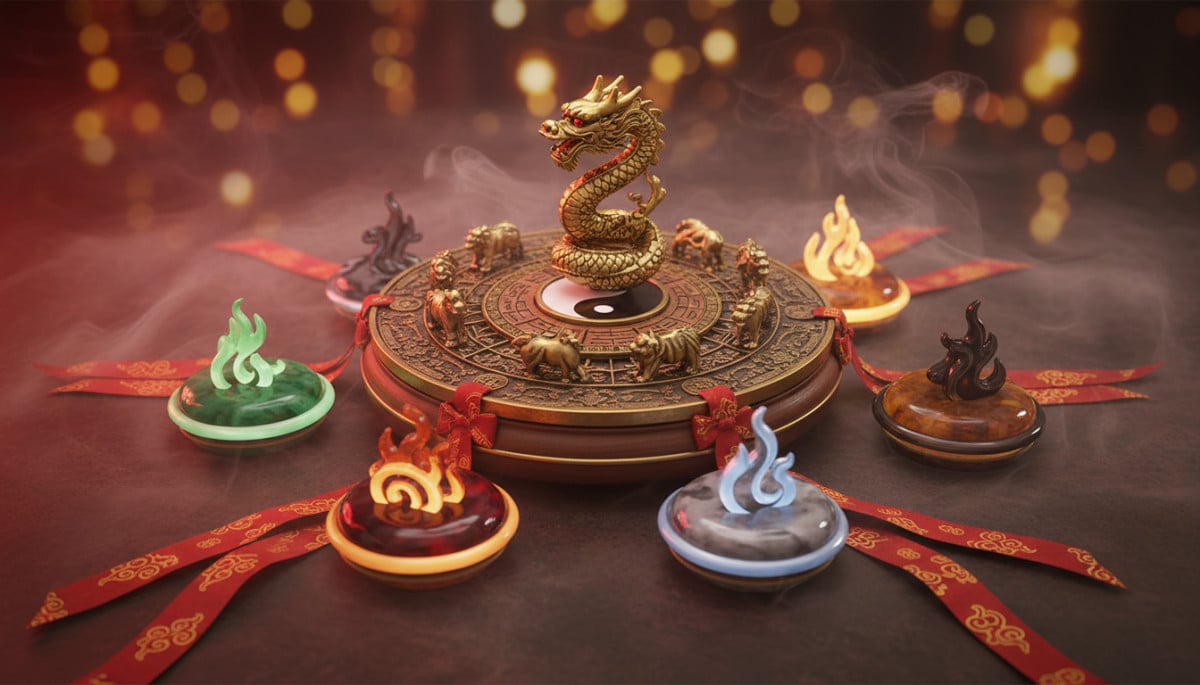 Groupe de personnes entourées des cinq éléments de l'astrologie chinoise