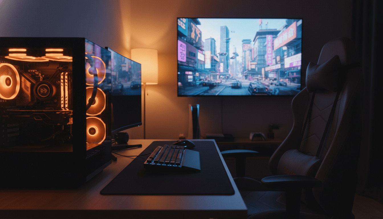 PC gaming éteint à côté d'une PS5 allumée