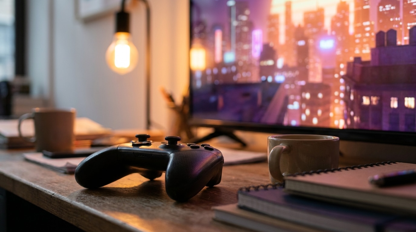 Manette de jeu posée devant un écran aux néons urbains