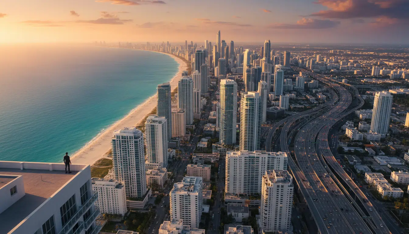 Vue aérienne d'une ville côtière fictive inspirée de Vice City