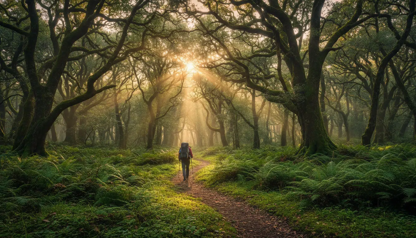 Randonnée dans une forêt dense rappelant un parc national virtuel