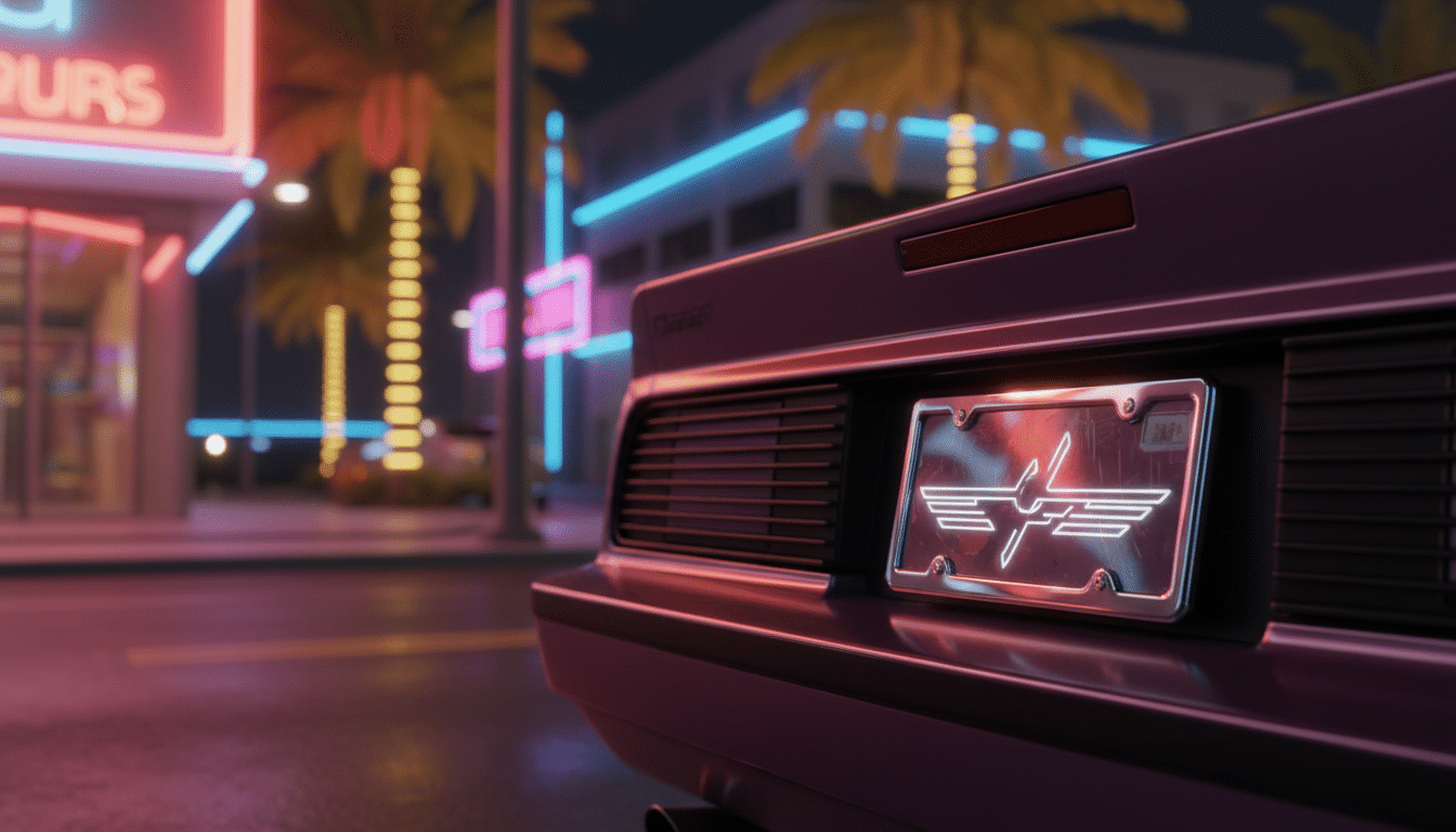 Plaque d'immatriculation sur une voiture dans une ambiance Vice City