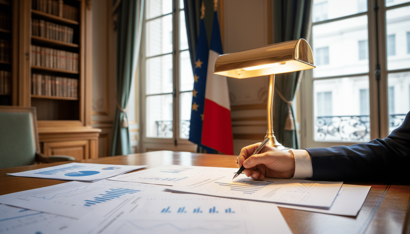 Documents financiers sur un bureau ministériel à Bercy