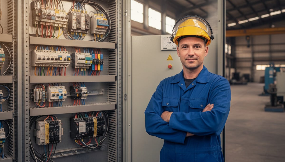 Hakim, électricien industriel, devant un tableau électrique