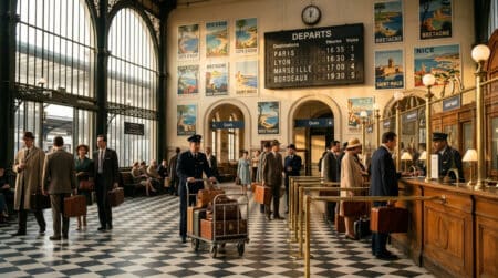 Hall de gare française dans les années 1960 avec guichets en bois