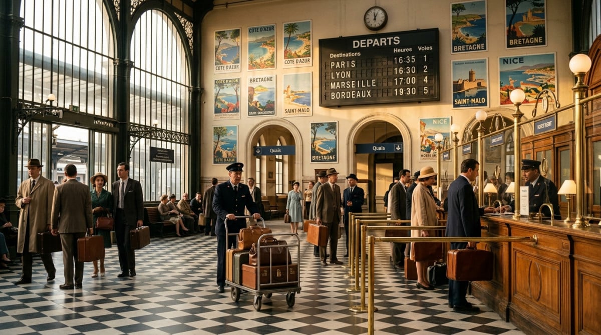 Hall de gare française dans les années 1960 avec guichets en bois