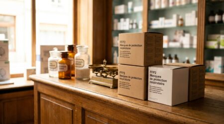 Boîtes de masques FFP2 empilées sur un comptoir de pharmacie