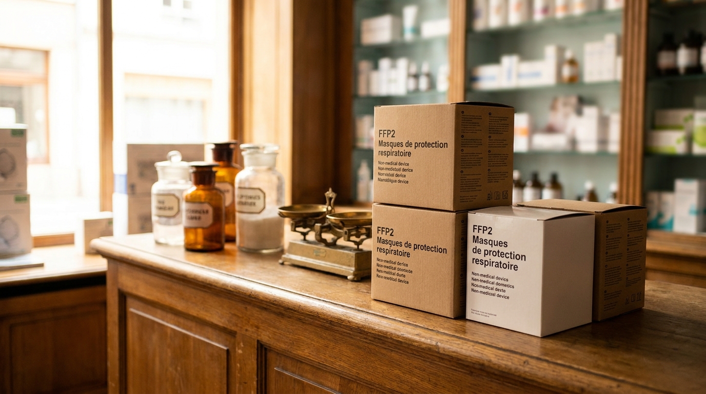 Boîtes de masques FFP2 empilées sur un comptoir de pharmacie