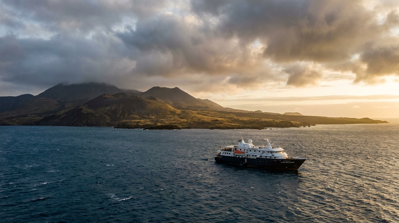 Navire de croisière ancré près d'une île volcanique isolée