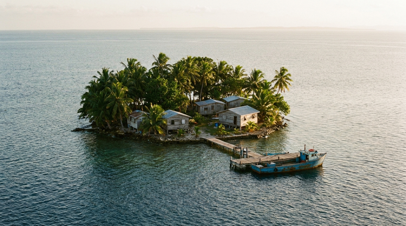 Petite île tropicale isolée avec quelques maisons et un cargo