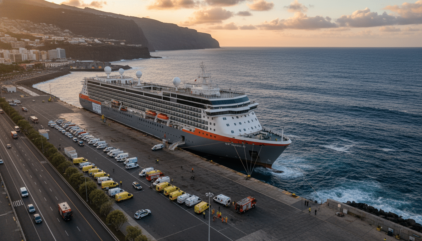 Le navire MV Hondius accosté au port de Tenerife avec des ambulances