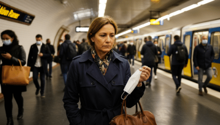 Femme hésitant à porter un masque dans le métro parisien
