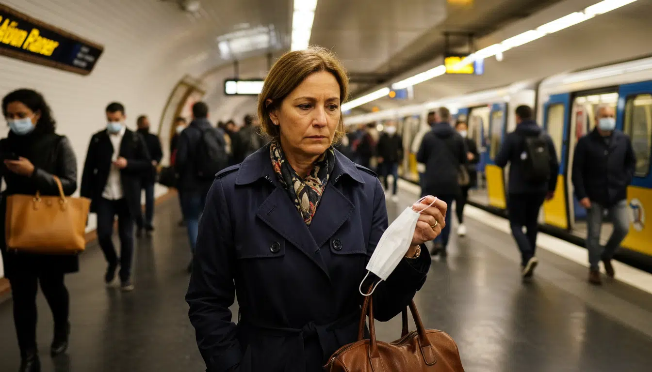 Femme hésitant à porter un masque dans le métro parisien