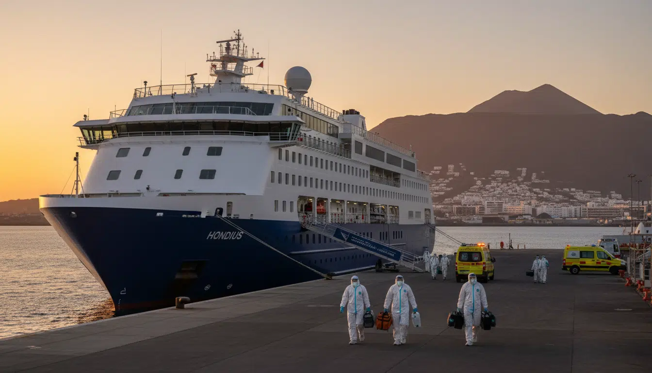 Le navire MV Hondius à quai à Tenerife avec du personnel médical