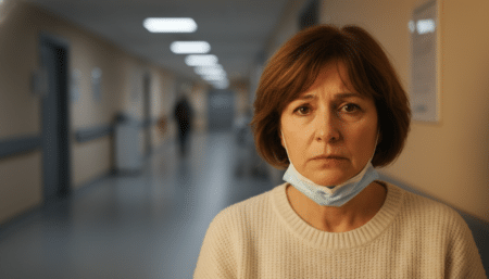 Femme inquiète portant un masque en salle d'attente d'hôpital