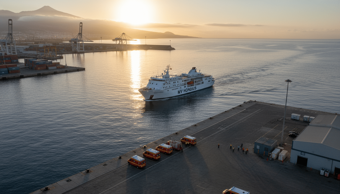 Le navire MV Hondius approchant du port de Tenerife