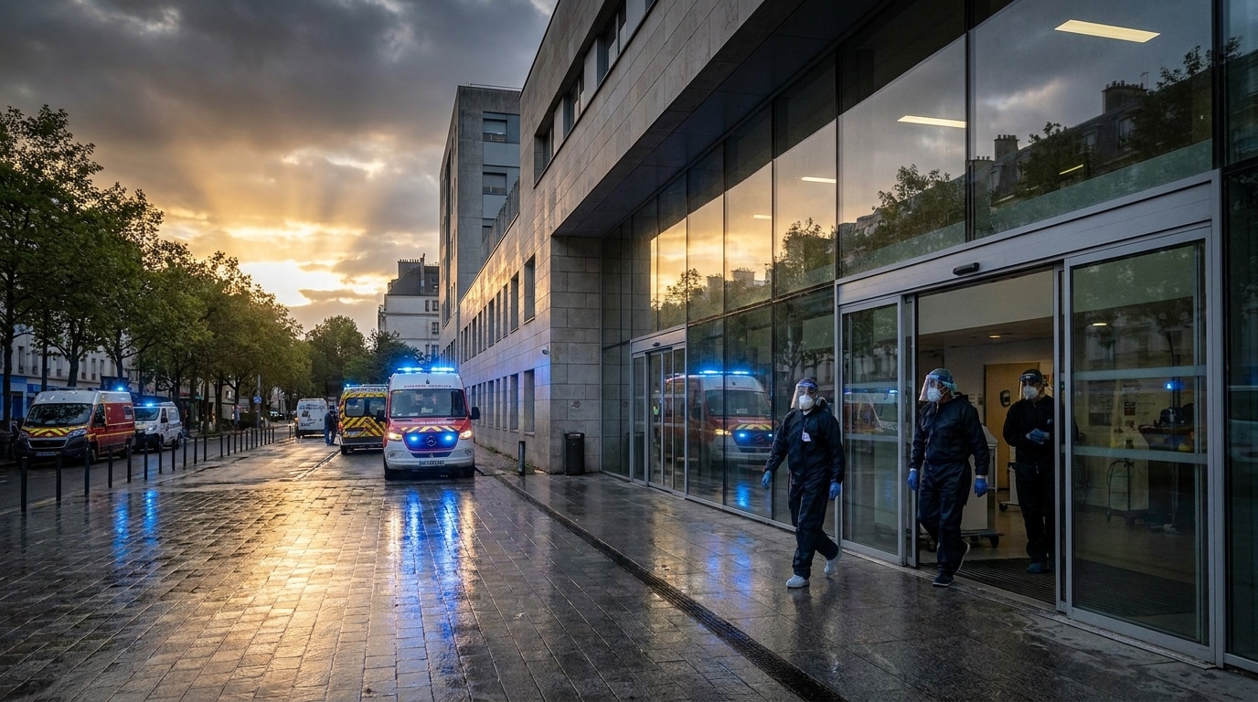 Entrée d'un hôpital parisien avec ambulances et personnel médical