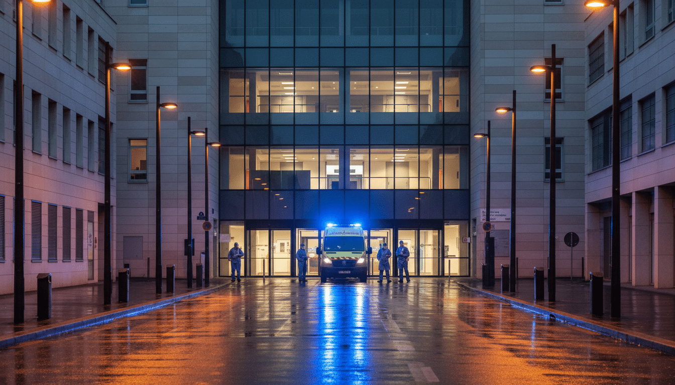 Entrée de l'hôpital Bichat à Paris avec ambulance