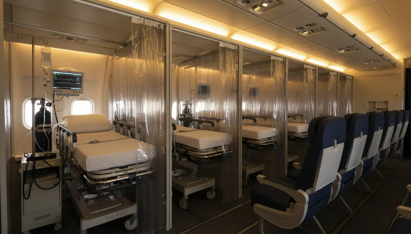 Intérieur d'un avion sanitaire avec lits d'isolement médical