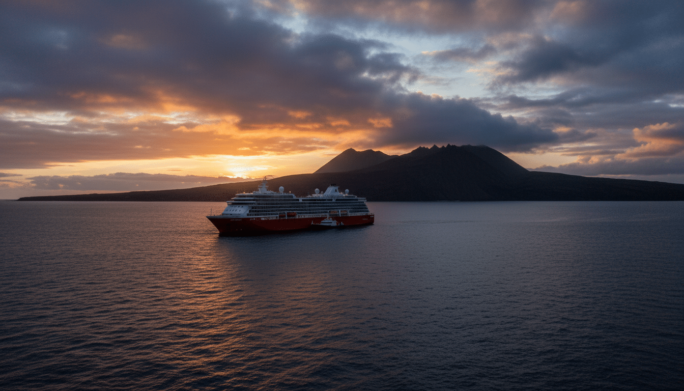 Navire de croisière MV Hondius ancré près d'une île au coucher du soleil