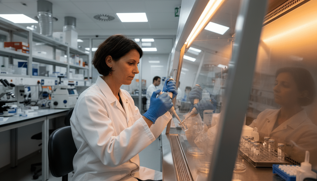 Chercheur français en laboratoire de virologie analysant des échantillons