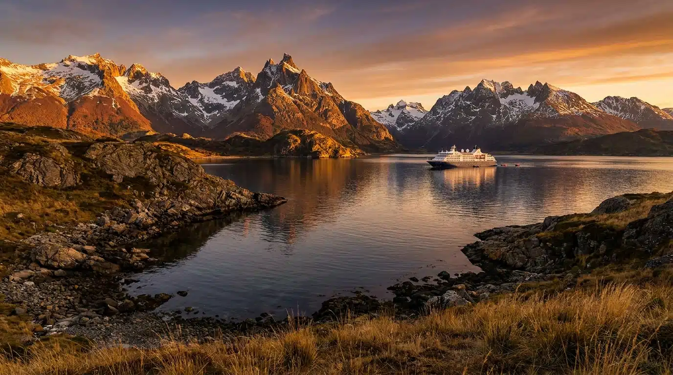 Paysage de Patagonie avec navire de croisière à Ushuaïa
