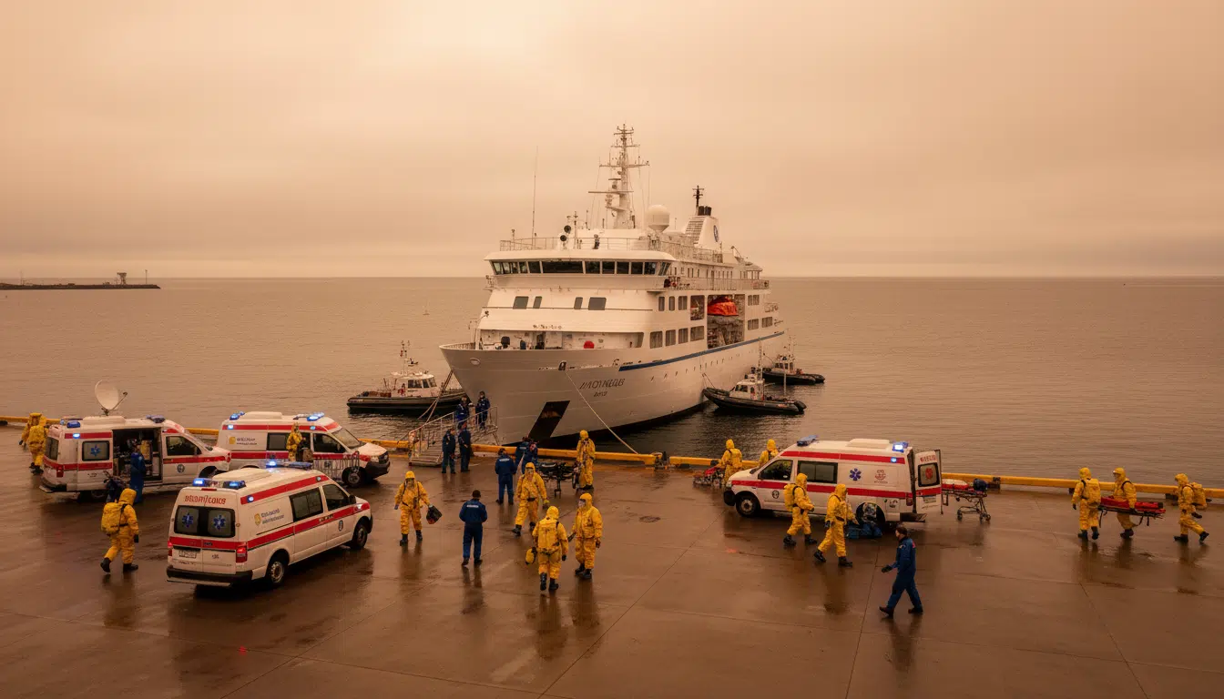 Navire de croisière MV Hondius avec équipe médicale au port